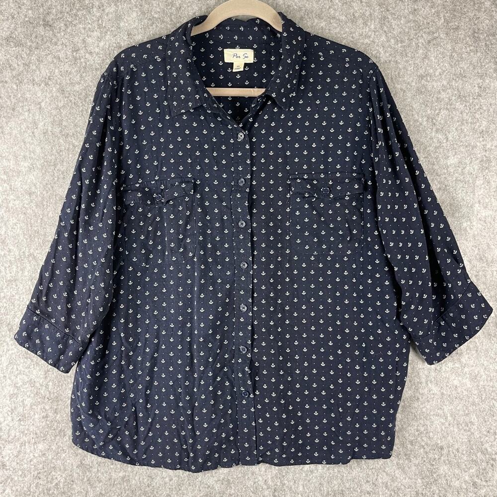 Per Se Top Womens 2X Blue Anchor Print Blouse Button Front 3/4 Sleeve Nautical